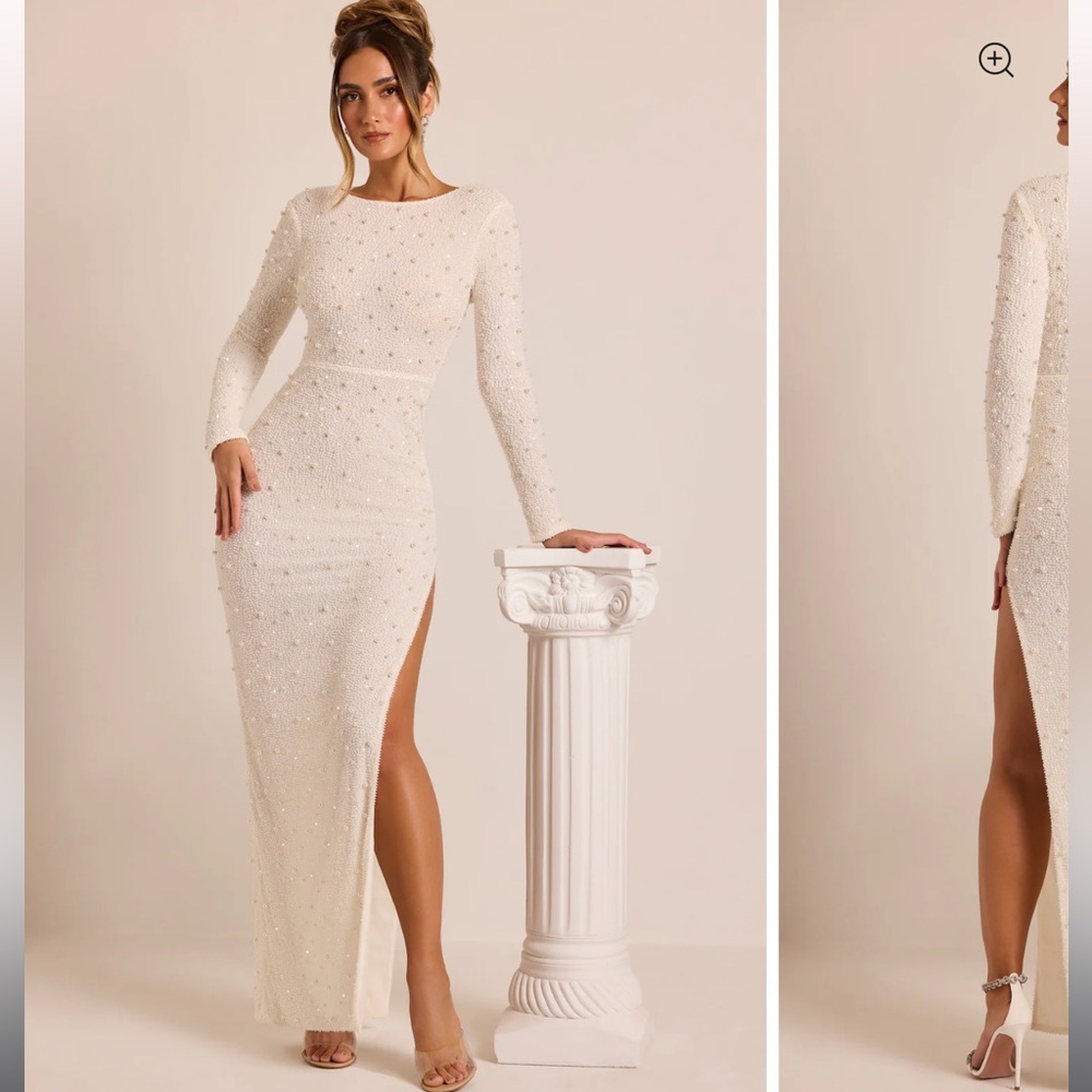 Oh Polly Elegant Embellished Long Sleeve Backless Dress in White